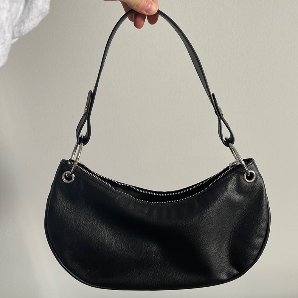 Black vegan leather half moon baguette with silver hardware